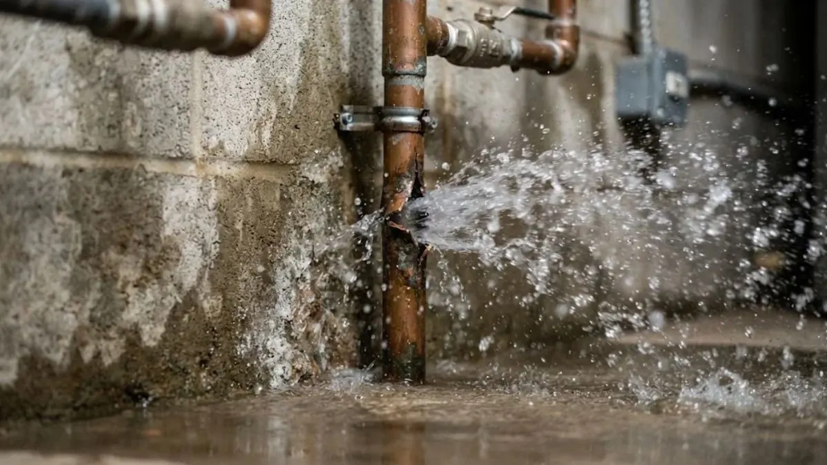 Split water supply pipe spraying water
