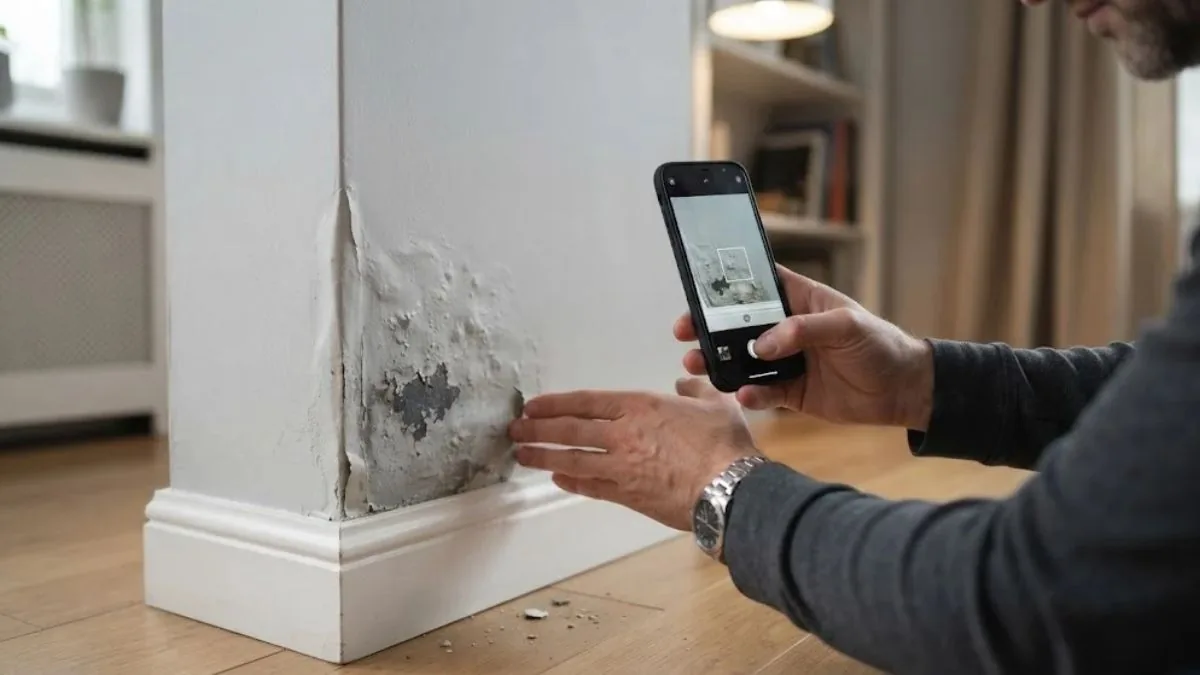 Homeowner photographing water damage for an insurance claim