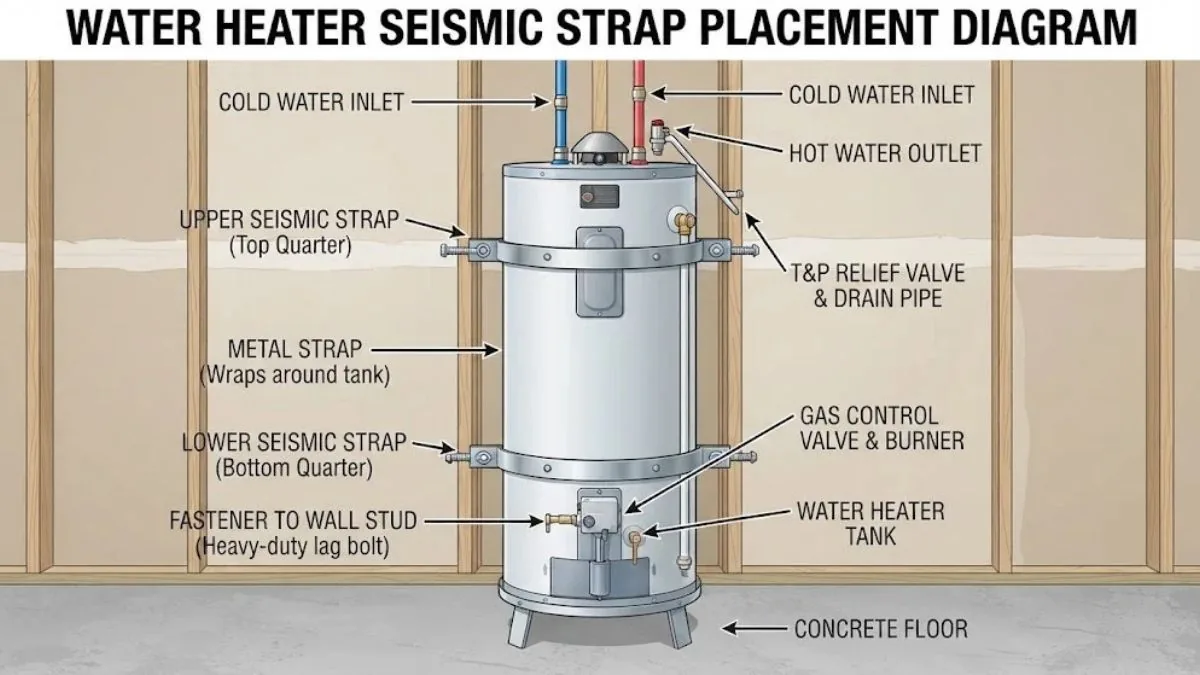Diagram showing where to place the two water heater straps