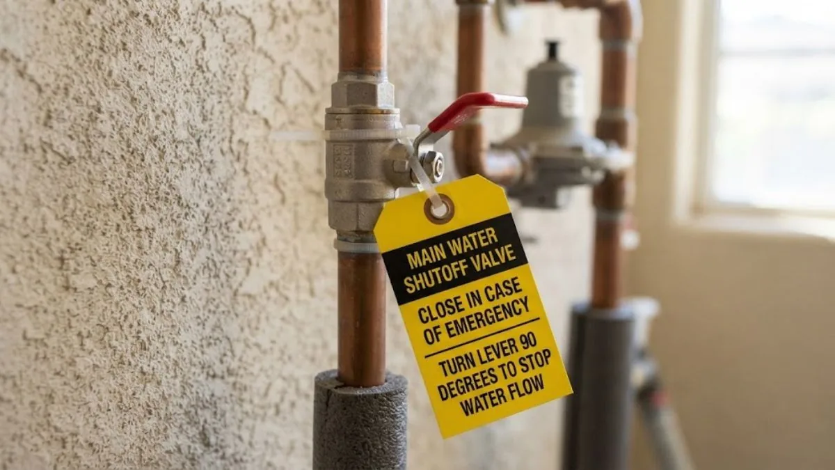 Tag on a main water shutoff valve showing the closing direction